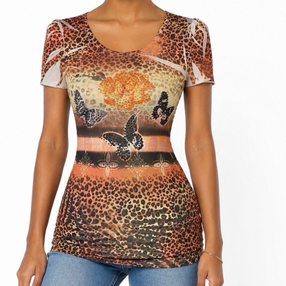 S VTG Y2k Sue Who Sublimation Embellished Studded Crochet Back Butterfly Tee - Picture 1 of 13